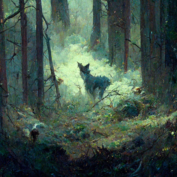 A wolf in a forest turns back to look at you