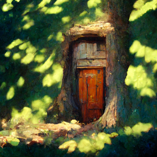 a red cottage door built into the trunk of a large tree