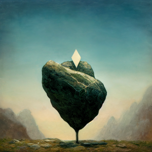 a stone hovers above the earth, slimming down to a thin connection to the ground