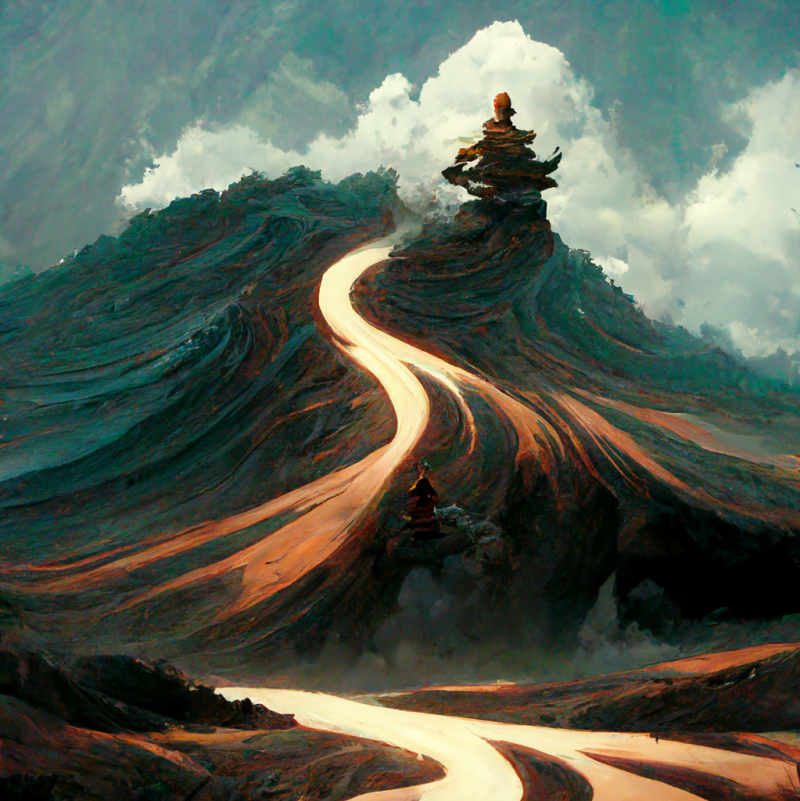 A monk meditates atop a mountain that is swirling and shifting like a river of light