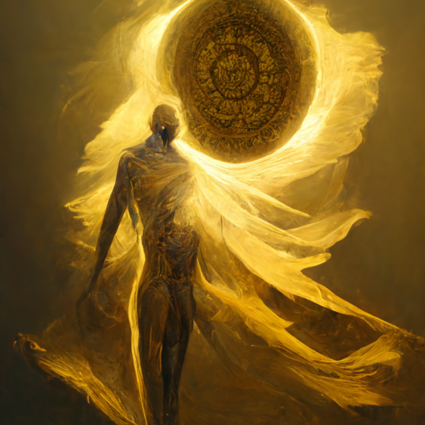 a caped warrior shrouded in a protective layer of golden ki
