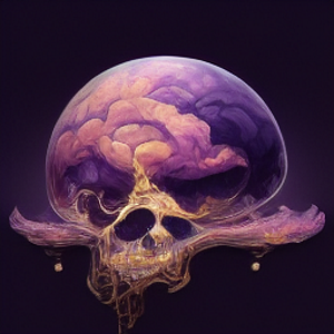 a gold and purple brain affected by a golden mist in the shape of a skull