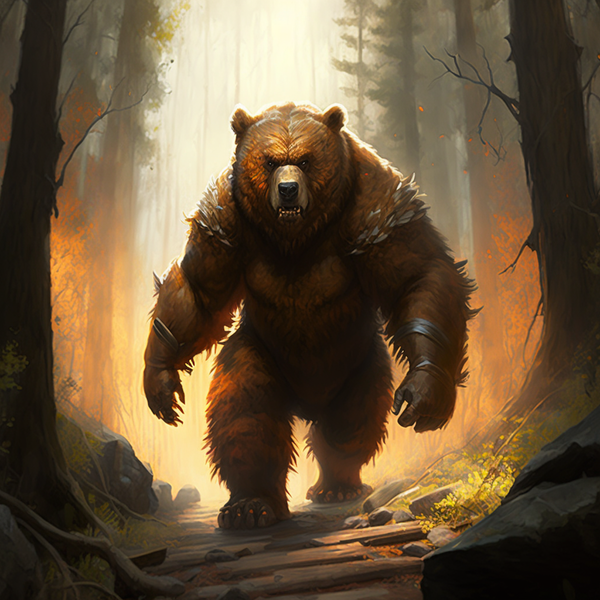 a colossal bear creature towers above a forest