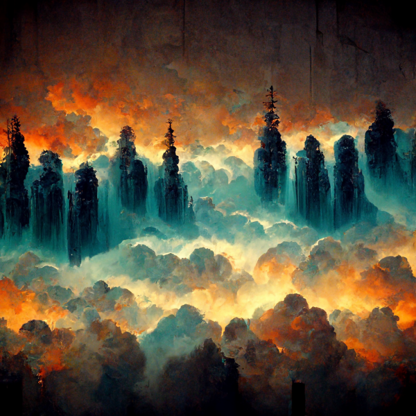 sunset clouds pour through the tops of a row of gargantuan trees