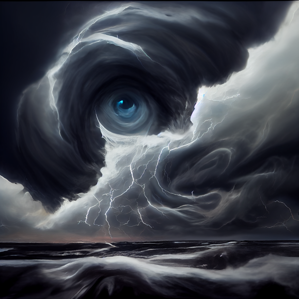 a blue eye gazes at the viewer, surrounded by a chaotic storm above a turbulent sea