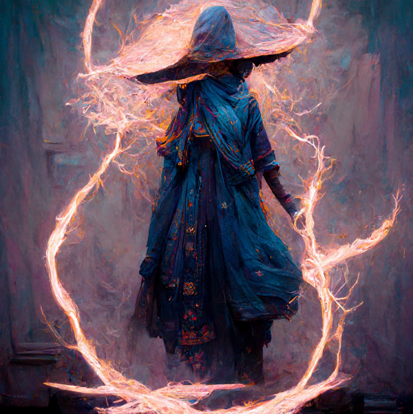 a witch in blue clothing wreathed in pink lightning