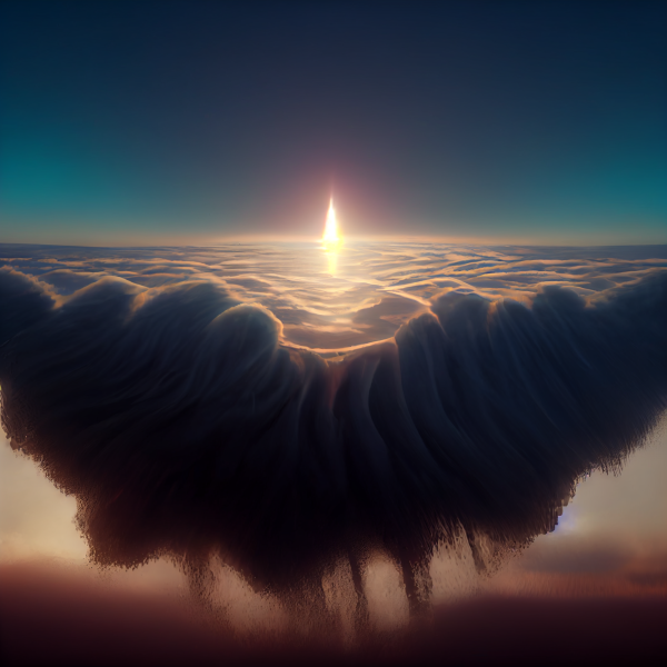 a pinpoint of light resting at the horizon, above a plateau of clouds