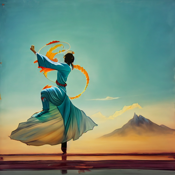 a warrior-dancer in a flowing dress