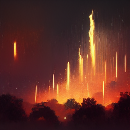 columns of fire snake down an orange sky
