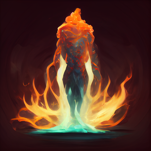 a fiery figure walks with flames shooting off of their feet