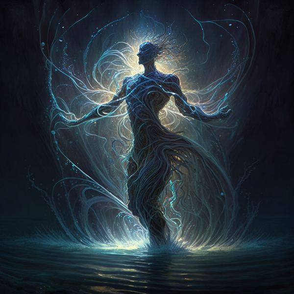 two hydromancers locked in combat, water flowing around them and through the surrounding forest