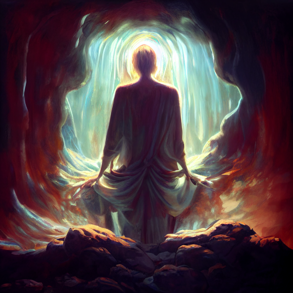 a human steps into the light, dragging themself and the darkness with them into the light