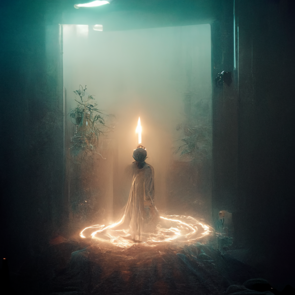 an ethereal human sits in a poorly lit room, surrounded by a pool of light