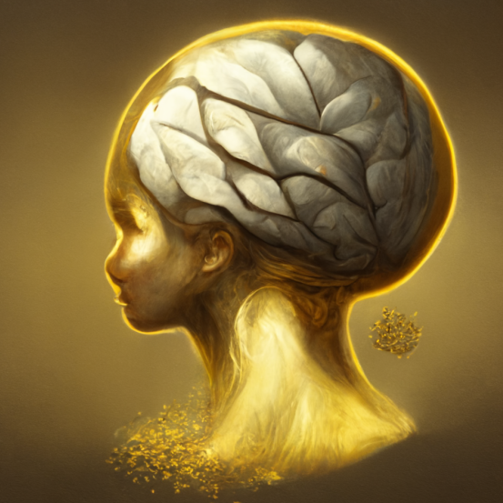 a golden bust with an exposed silver brain with folds like braids of hair