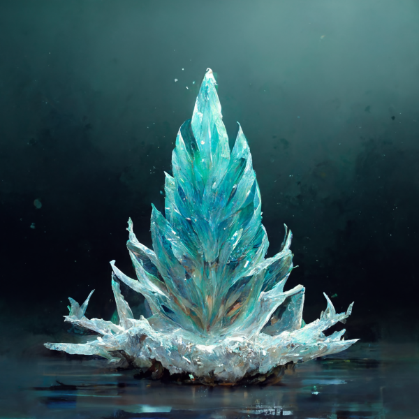 a blooming cone of crystal ice shoots up out of a serene pool