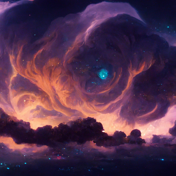 a pink, purple, orange and black cloud nebula with a blue eye