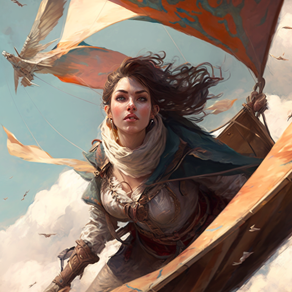 an aeromancer flies through the air wrapped in shifting clouds
