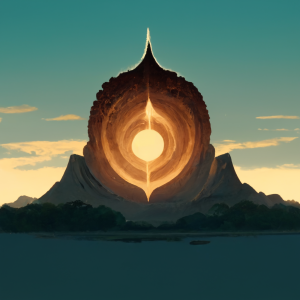 a radiant light shines from within the silhouette of a mountain statue