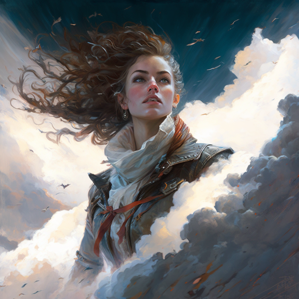 an aeromancer floats in the sky, swept up in a rushing cloud