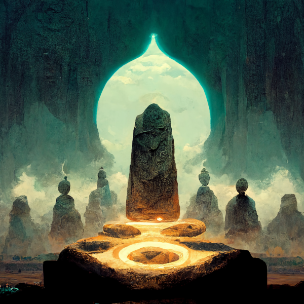a council of rough statues encircles an obelisk floating over a glowing altar