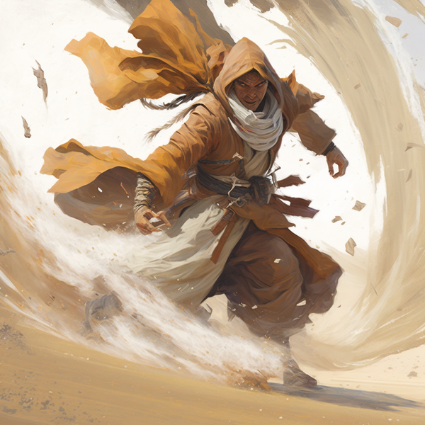 an aeromancer rushes forward surrounded by a cloud of dust