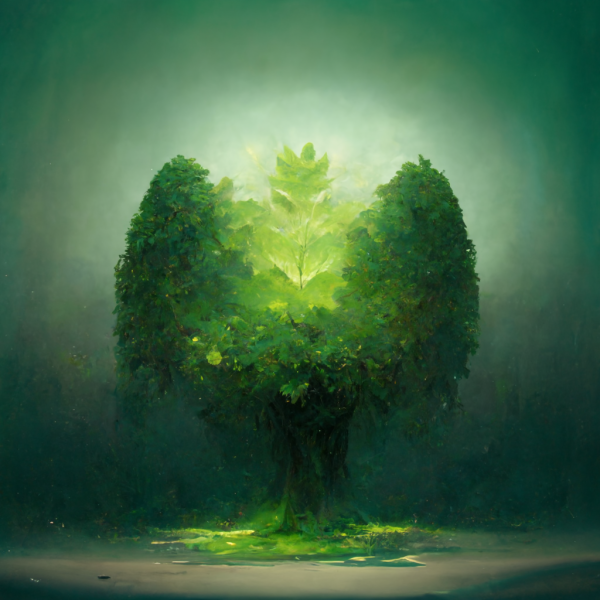 a glowing tree in the shape of an angel