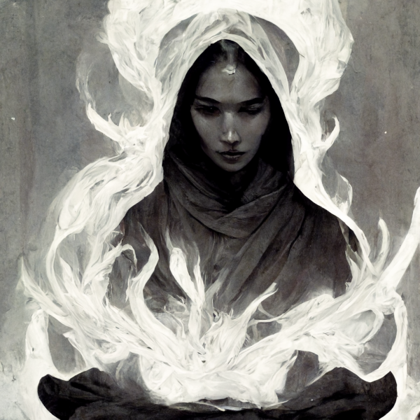 black and white picture of a saint holding white flames in her hands