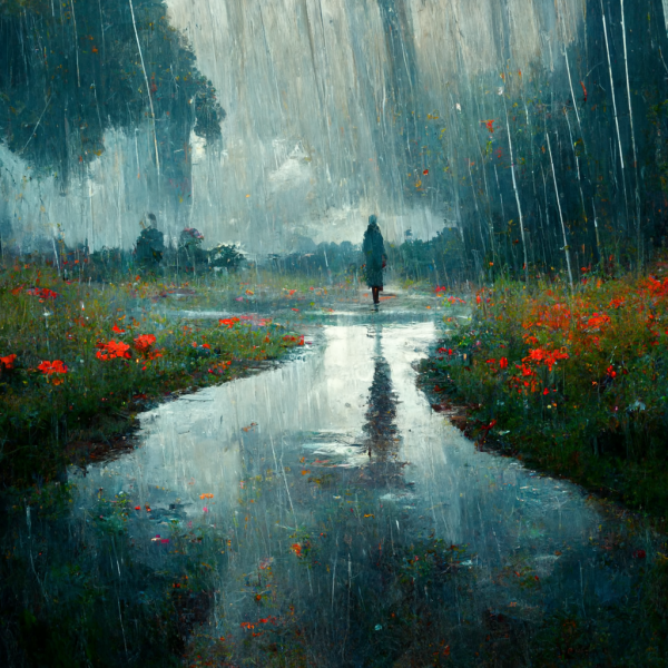 rain falls on a reflecting path, hedged by rose bushes