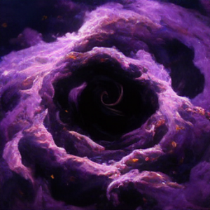 a vortex of wispy purple clouds surrounding a black void