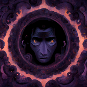 a dark purple human face with glowing orange eyes and an eerie countenance