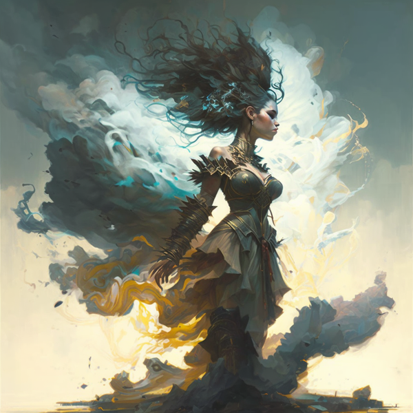 an aeromancer levitates in a tornado of black and gold smoke