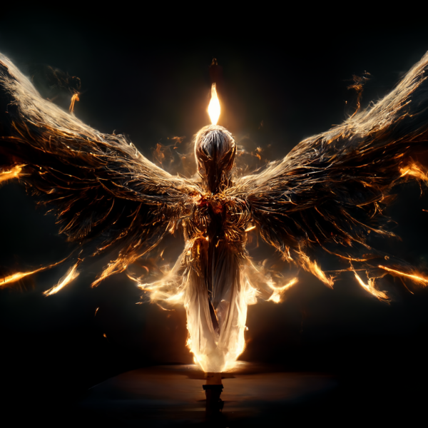 A cryptic angel of pure fire and darkness hovers in the void