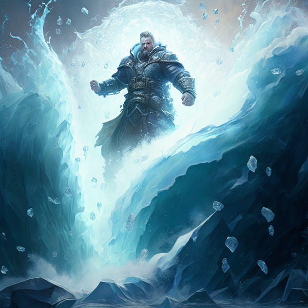a hydromancer stands with a wide stance in a flow of ice