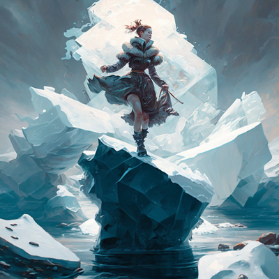a hydromancer slides over snow on a frozen block of ice