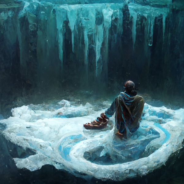 a human wades waist deep in an ice flow