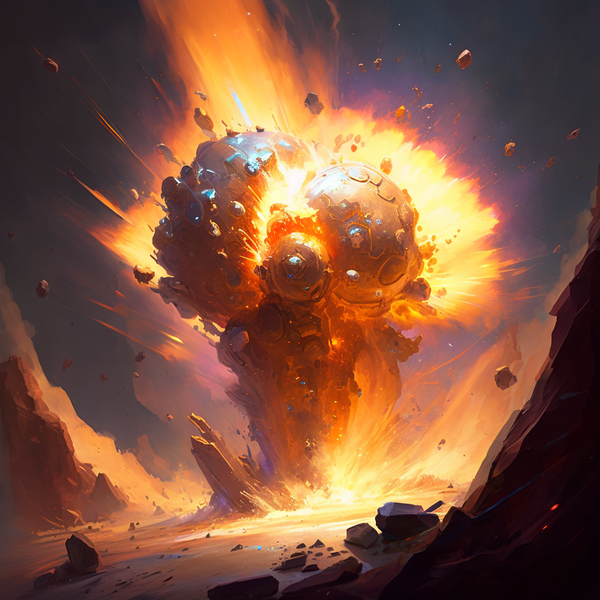 an explosion of fire, shooting smoke trails in every direction
