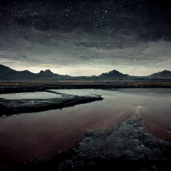 a salt flat desert at night, subdued colors