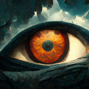 a single red orange eye with clouds for an eyelash