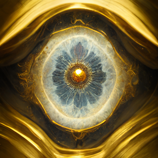 a blue eye with a golden pupil in a golden eye setting