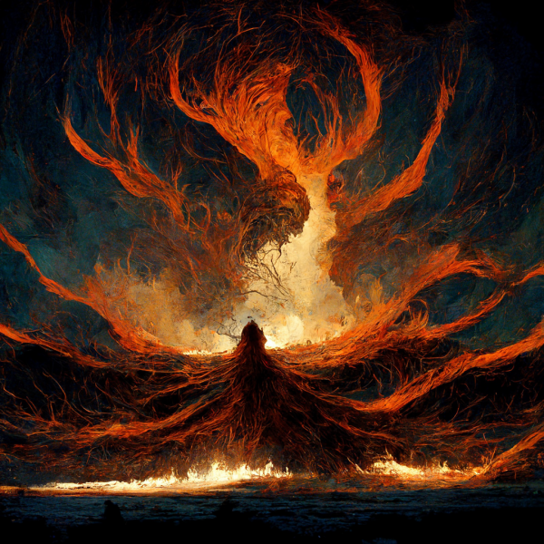 a creature stands alone, emitting a terrible flow of blood and fire in every direction 