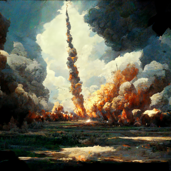 a column of fire and smoke explodes up into the sky like a rocket trail