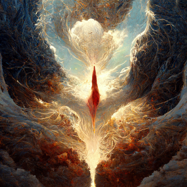A red sliver of energy floats among a majestic display of golden light and cloud