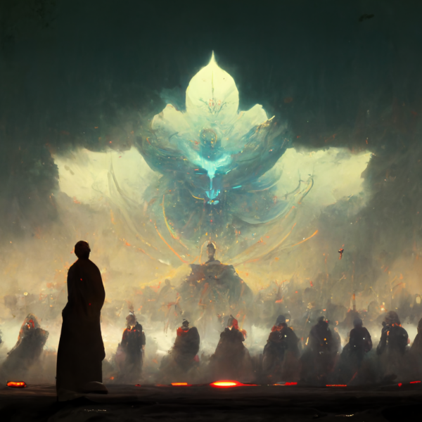 a general stands before their army, a lotus flower fills the sky