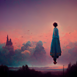 a woman in robes hovers serenely against an ocean sunset background