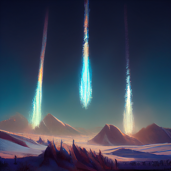three comets of blue and golden light fall down to earth over a snow covered wilderness