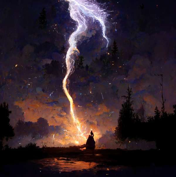 a blue and orange arc of fiery lightning extends up into the sky
