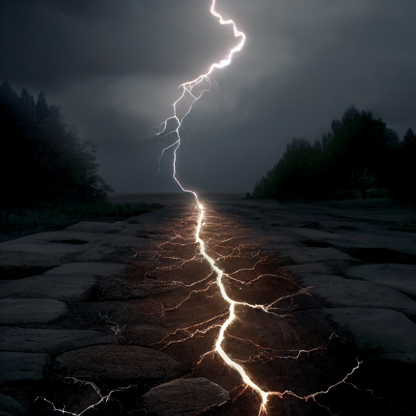 a bolt of lightning hits the ground and travels toward the viewer through the earth
