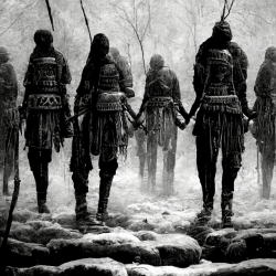 warriors holding hands in a chain, black and white