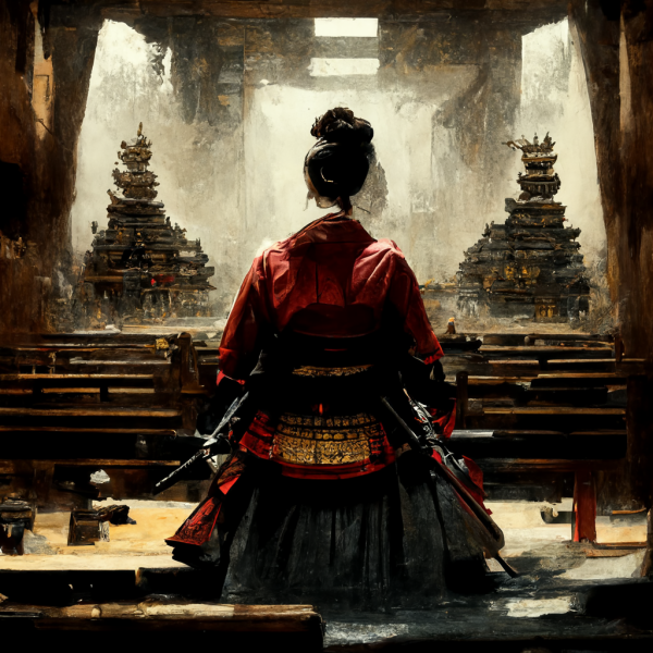 a robed warrior meditates in a temple palace