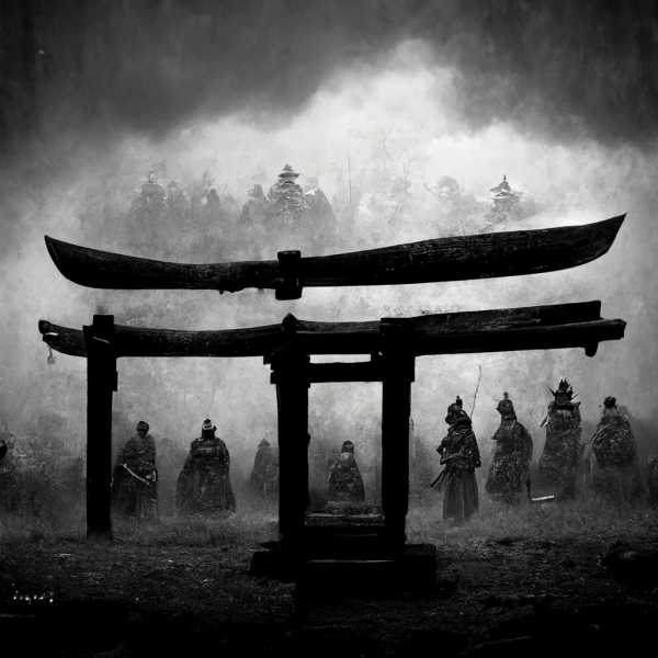 a large spear hovers above a shrine and several silhouetted warriors